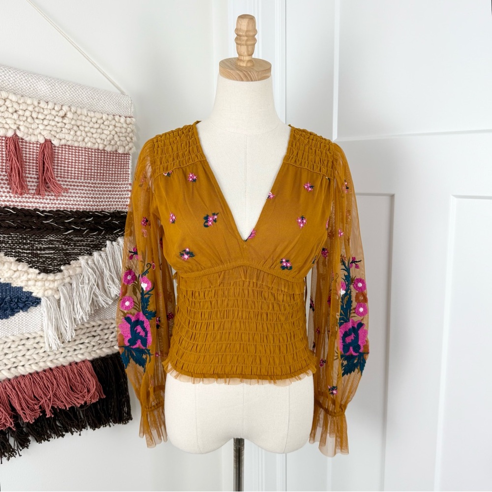 Anthropologie Floral Embroidered Smocked Top Gold Sz XS